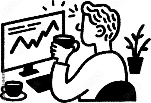 Observing financial markets: person watching live stock ticker with coffee in hand