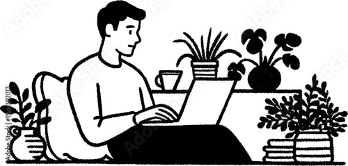 Cozy home workspace with laptop and plants - hand drawn sketch for creative design