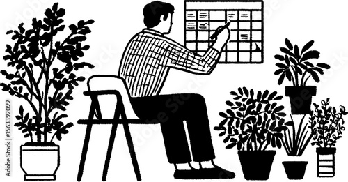 Organizing tasks on a wall calendar with plant decor concept