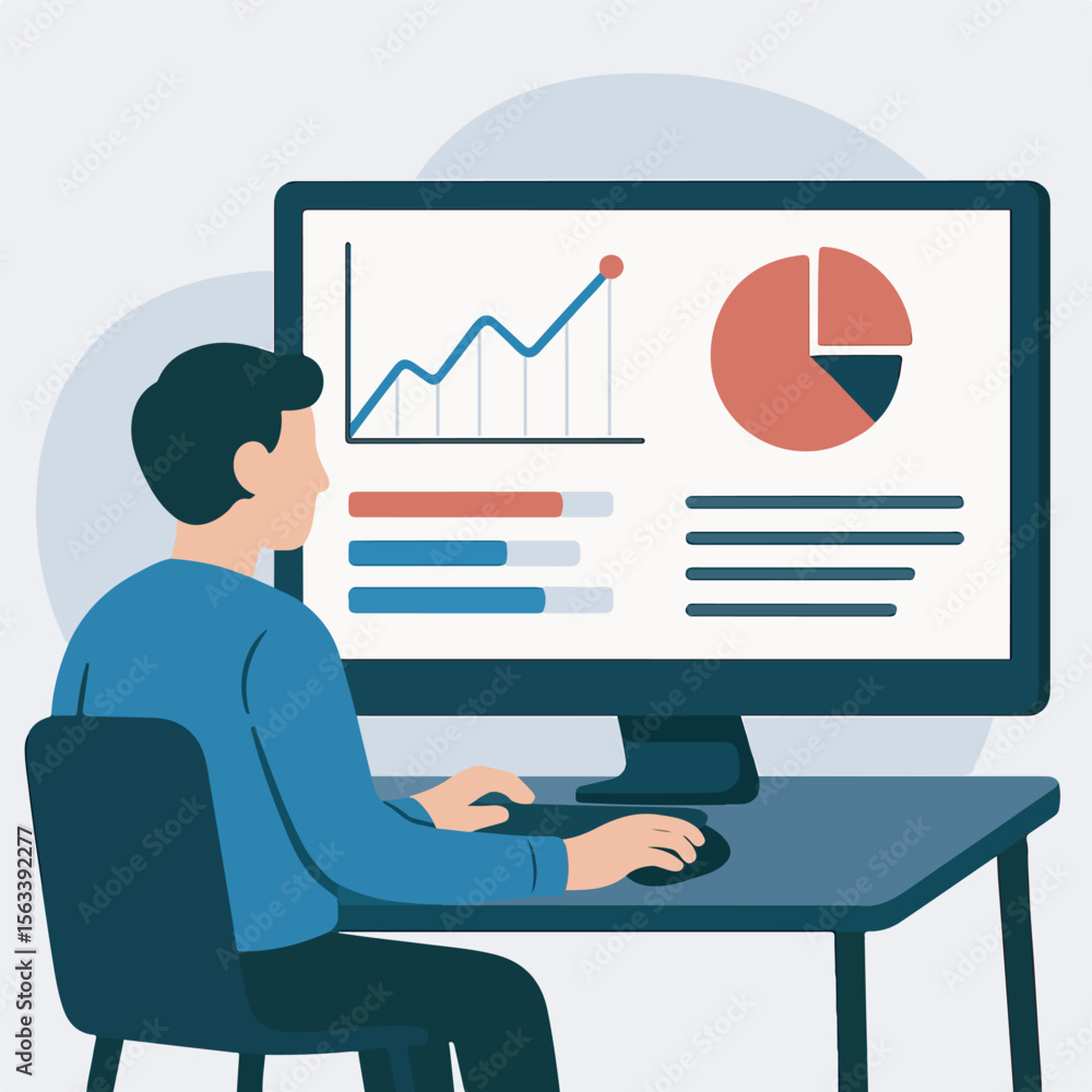 Businessman working on a laptop with a financial growth chart, illustrating success and market data presentation Businessman working on a laptop with a financial growth chart, illustrating success and market data presentation