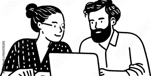 Collaborative coworkers reviewing designs on laptop in hand drawn style