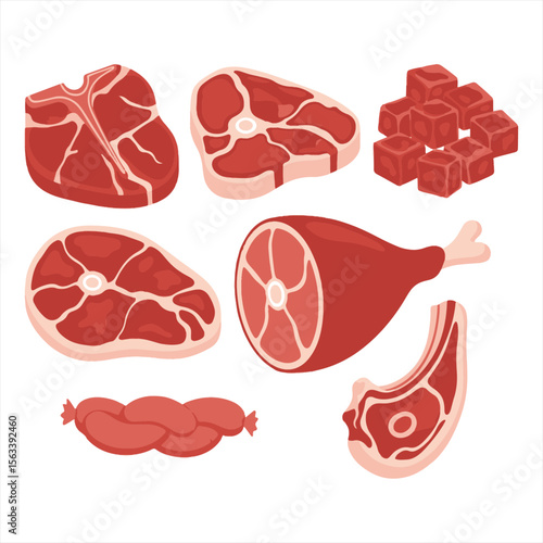 Illustration of various raw meat cuts including steak, ham, ribs, and sausages.
