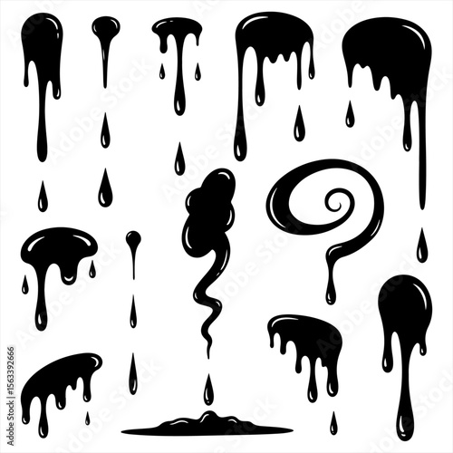 Collection of black ink drip and blob illustrations, various shapes and sizes.
