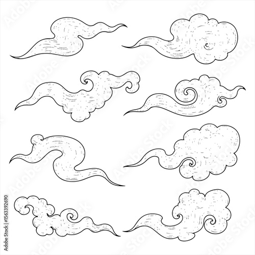 A collection of stylized, swirling clouds depicted in black and white, reminiscent of traditional art.