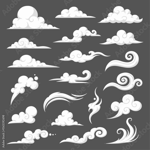 Collection of stylized, decorative clouds in various shapes and sizes, perfect for graphic design or illustration