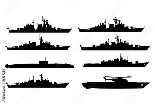 Silhouettes of various naval vessels, including warships, submarines, and a helicopter.