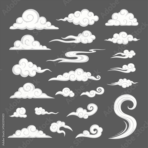 Collection of stylized, decorative clouds in various shapes and sizes, perfect for graphic design or illustration.