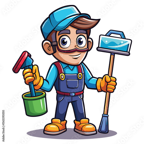 Cartoon cleaning character holding cleaning supplies