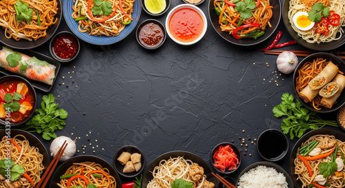 Assortment of Asian dishes like noodles, spring rolls, and soups, bordering a dark textured background with copy space, perfect for restaurant menus or culinary designs