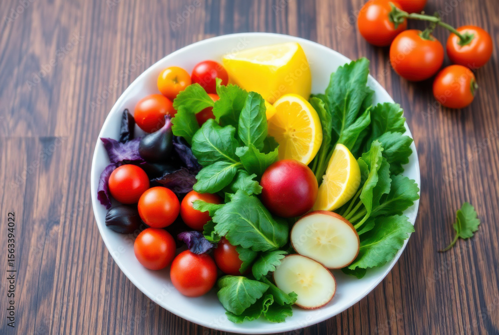 Fresh colorful vegetables and fruits creating a healthy and delicious meal Fresh colorful vegetables and fruits creating a healthy and delicious meal