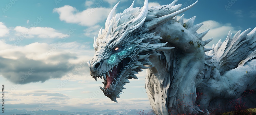 A haunted gothic white dragon perched on a wind-swept hill,ai generative A haunted gothic white dragon perched on a wind-swept hill,ai generative