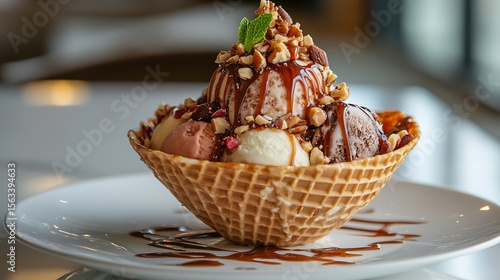 Delicious Ice Cream Sundae In Waffle Bowl With Nuts