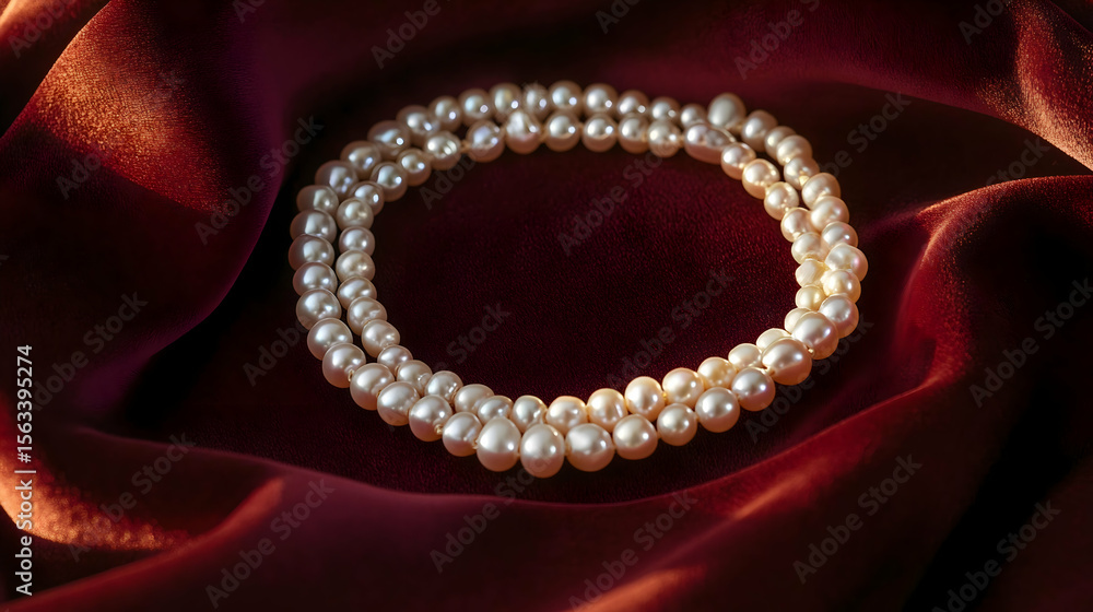 Fototapeta premium Luxurious pearl statement piece showcasing double strands of near round white pearls with radiant luster creating timeless beauty and elegance on a rich deep red velvet backdrop