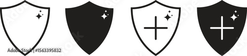 Minimalist black and white shield icons with sparkle and cross symbols, representing protection, safety, security status, antivirus interface, digital defense, and health shield concept.