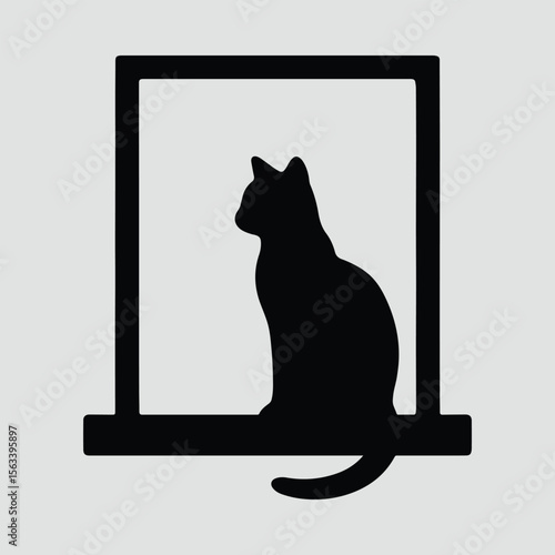 Silhouette of a cat sitting and looking out a window vector illustration
