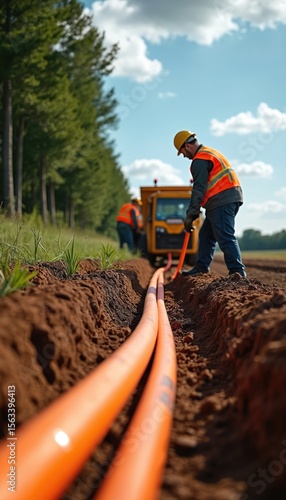 Construction crew laying orange ground cable in open field. Workers wearing hard hats, safety vests, using machinery to install underground fiber optic cable. Telecom engineering, broadband internet
