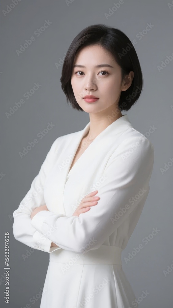 A person in a white outfit stands with arms crossed against a neutral background. A person in a white outfit stands with arms crossed against a neutral background.
