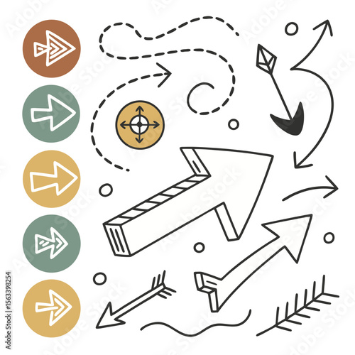 Hand-Drawn Arrow Doodle Icon Set. A collection of sketchy vector pointer and circle elements for creative projects. Organic, playful graphics for social media and presentations.