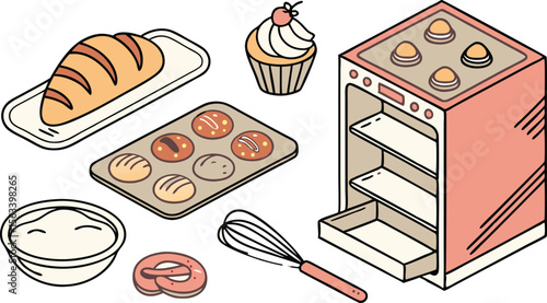 Charming baking graphic featuring treats and tools, ideal for culinary designs or bakery related projects.