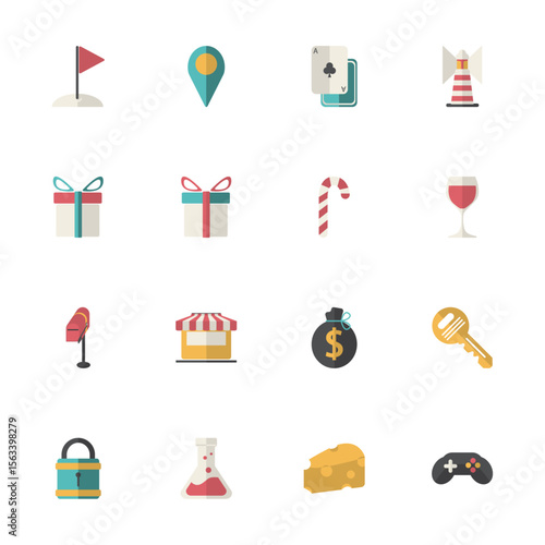 Assorted Icons Collection: A vibrant collection of symbolic icons, neatly arranged on a surface, each representing a different concept or object, perfect for graphic and design purposes.