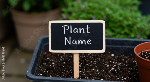 Wooden plant label displaying name in garden potting soil  