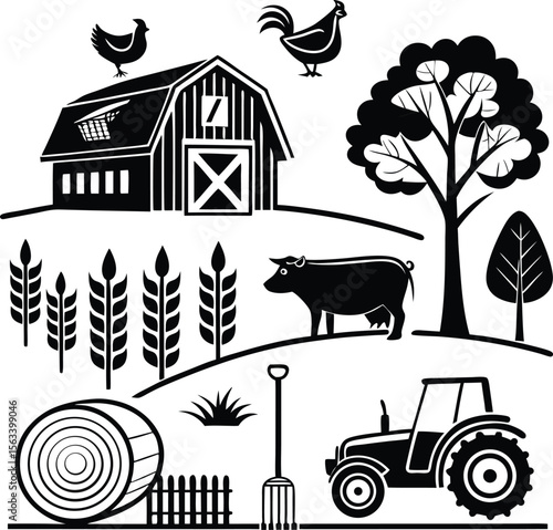Farm elements and rural icons showcase agricultural life and harvest time