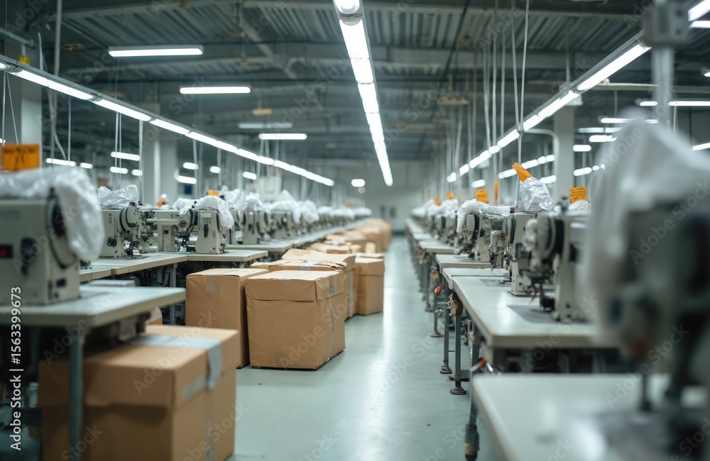 Naklejka premium Out of business garment factory production lines. Rows industrial sewing machines covered plastic. Cardboard boxes. Business bankruptcy, economic downturn, clothing manufacturing collapse. Empty