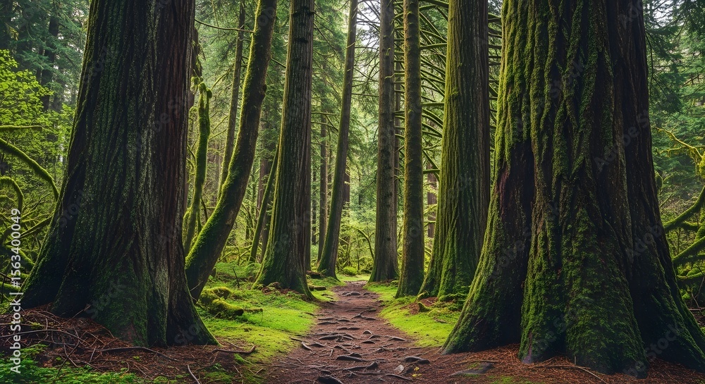 Obraz premium Magical Forest Path Through Towering Trees Covered in Moss, Tranquil Walkway Among Ancient Trees in a Lush Green Forest