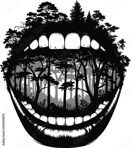 Mouth silhouette with forest scene inside. Great for surreal, nature, or conceptual art.
