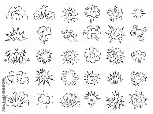 Handdrawn collection of explosion icons with various styles on a white background