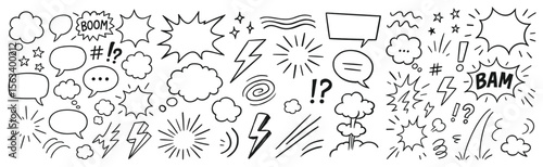 Handdrawn comic book speech bubbles and burst effects on a white background