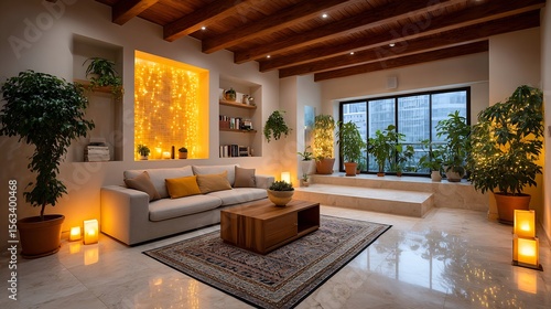 Cozy living room interior design lights plants and wooden accents for home decor inspiration