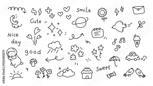 Handdrawn doodle icons on white sun plants bird cloud car house heart music note and other assorted simple shapes
