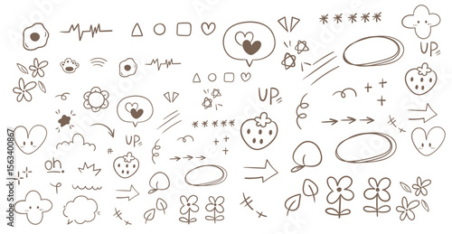 Handdrawn doodle pattern with hearts flowers arrows and geometric shapes in simple brown lines