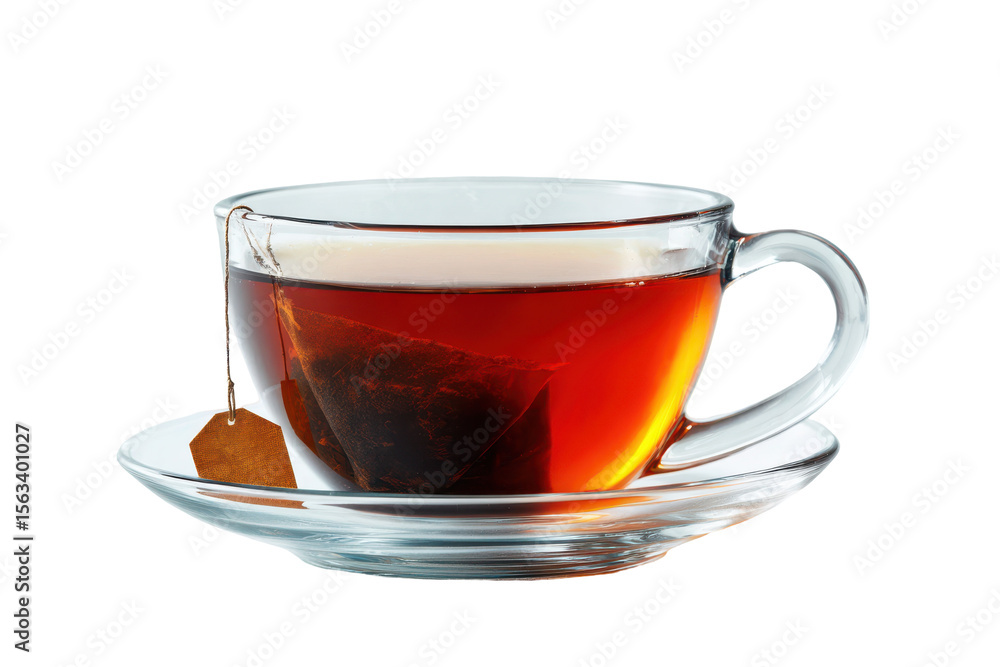 A glass cup of tea with a tea bag a saucer on a black background isolated on a transparent background A glass cup of tea with a tea bag a saucer on a black background isolated on a transparent background