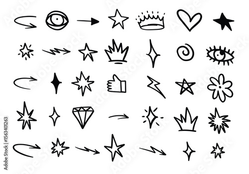 Handdrawn doodles arrows stars crowns heart eye diamond flower thumbs up and lightning bolt