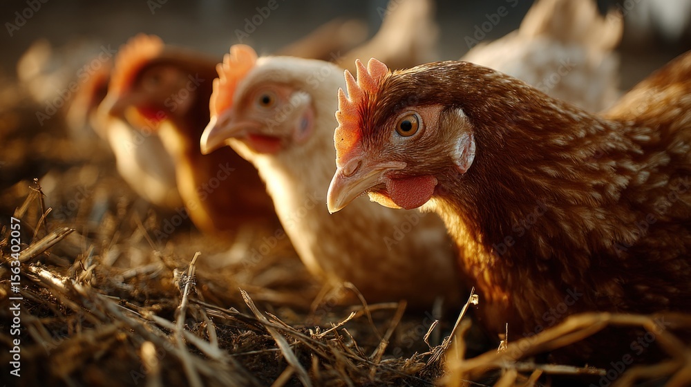 Fototapeta premium Warm sunlight bathes a line of hens, evoking a sense of rustic tranquility