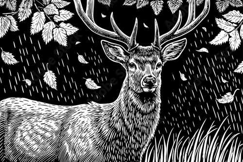 deer with large antlers surrounded by falling leaves, suitable for woodland themes, hunting illustrations or rustic posters a black and white line art illustration.