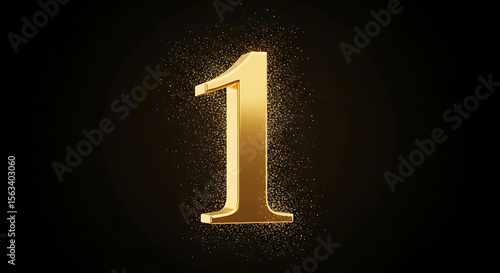 Golden Number One with Glittering Particle Effect on Black Backdrop, Elegant Number 1 Isolated on Dark Background
