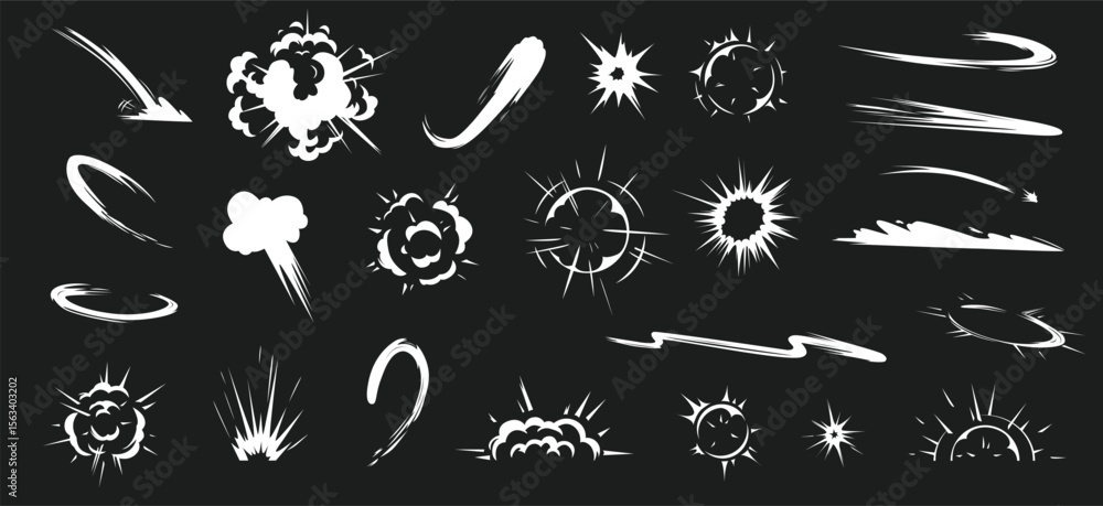 White vector drawings of explosions movement lines and speed effects on a black background