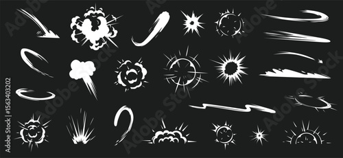 White vector drawings of explosions movement lines and speed effects on a black background