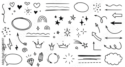 Sketch of doodle set with arrows hearts stars crowns diamonds lines and other assorted shapes