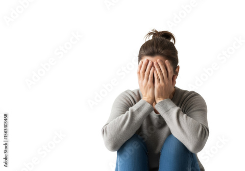 Distraught woman hides face, conveying sorrow, stress, or mental health issues