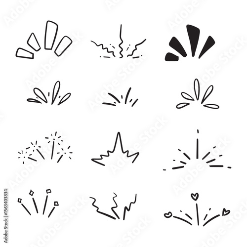 Twelve handdrawn abstract burst elements of differing sizes and shapes displayed evenly on a white background