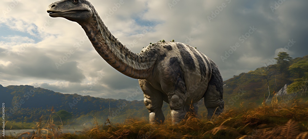 Fototapeta premium A haunted gothic Brontosaurus perched on a wind-swept hill,ai generative