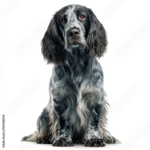 Blue Picardy Spaniel Dog with Long Wavy Blue-gray Coat and Droopy Ears Isolated on White Background Front View Position