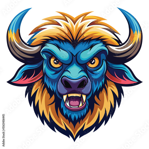 Vibrant, stylized illustration of a buffalo head, showcasing bold colors and detailed features