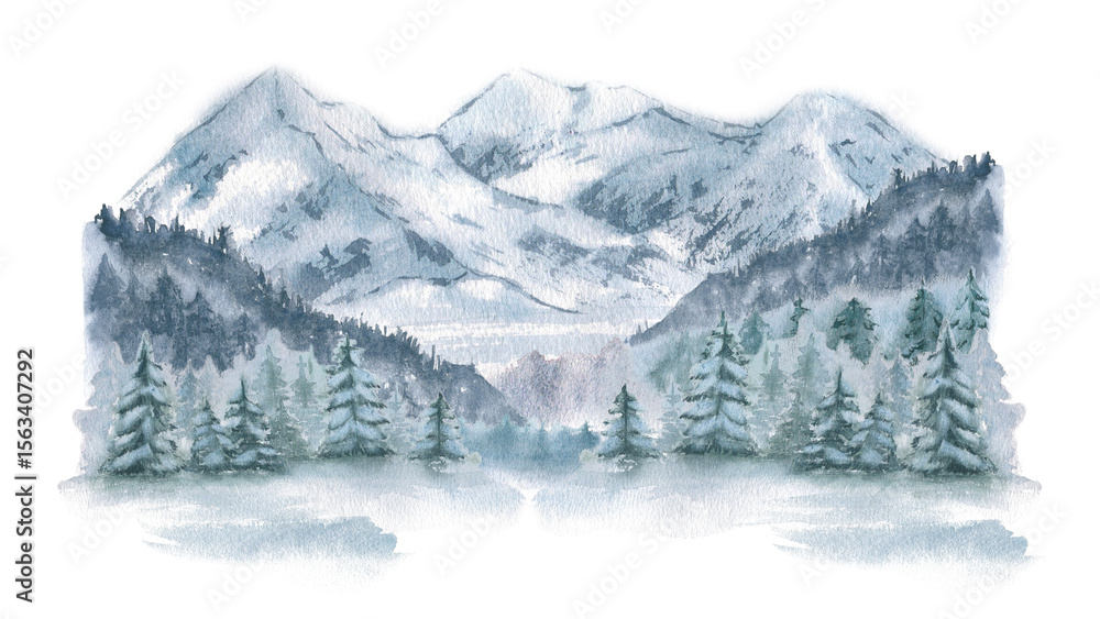 Obraz premium Winter landscape with snow covered slopes, misty fir forests and muted mountain peaks watercolor isolated. Hand painted minimalist woodland scenery for Christmas background, winter designs packaging.