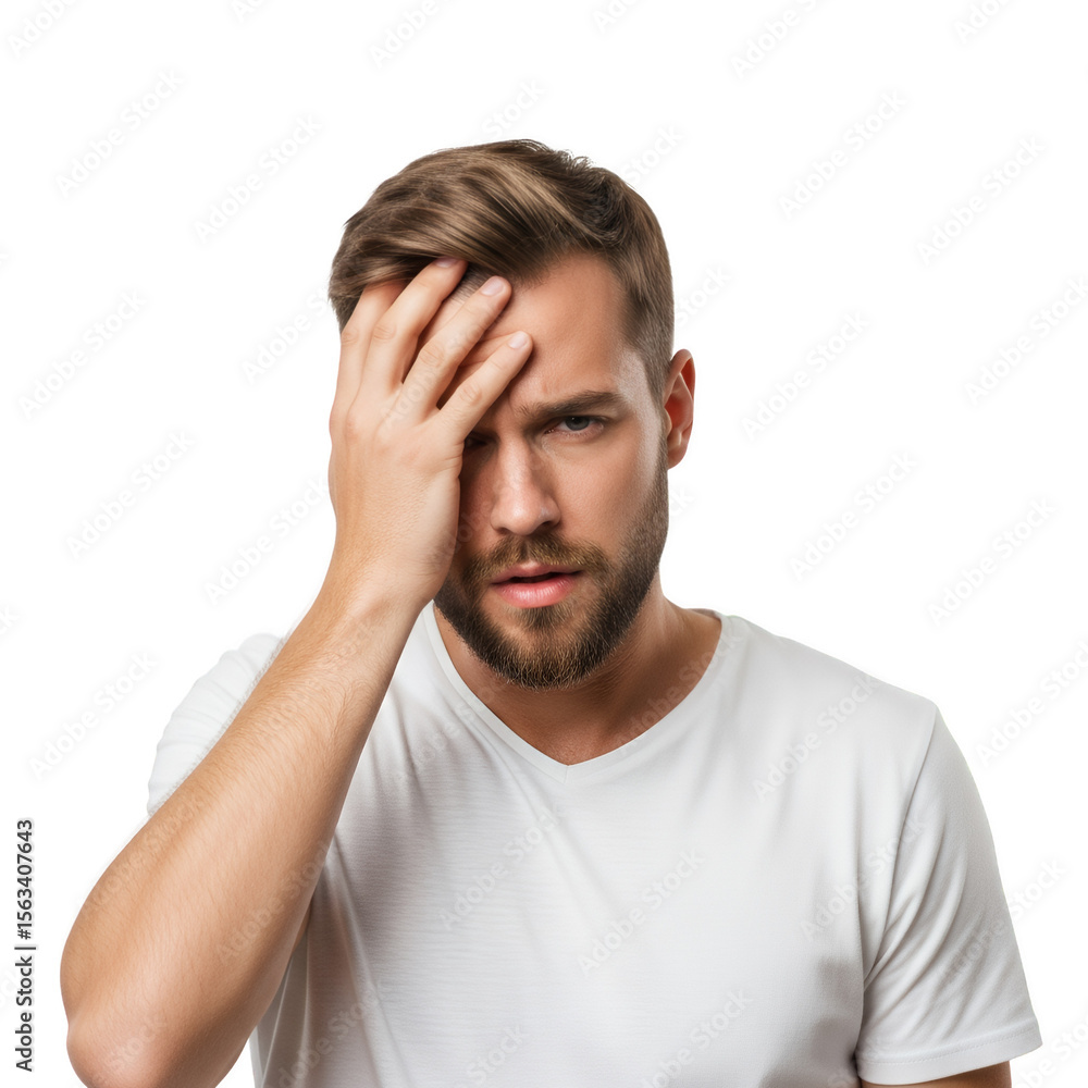 Man expresses stress or sadness with hand on forehead, on transparent Man expresses stress or sadness with hand on forehead, on transparent