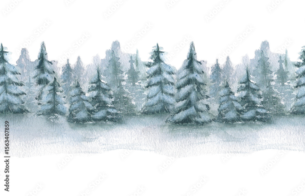 Fototapeta premium Winter woodland seamless border in soft watercolors isolated on white. Repeated spruce silhouettes covered snow hand painted in muted green greys. Winter illustration for brand holiday collections.
